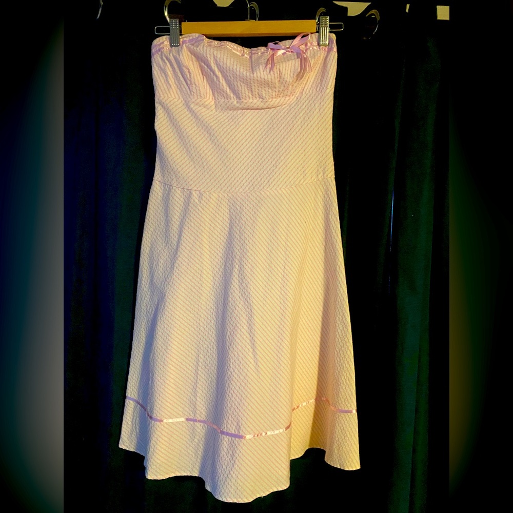 Pink striped strapless a-line dress, small